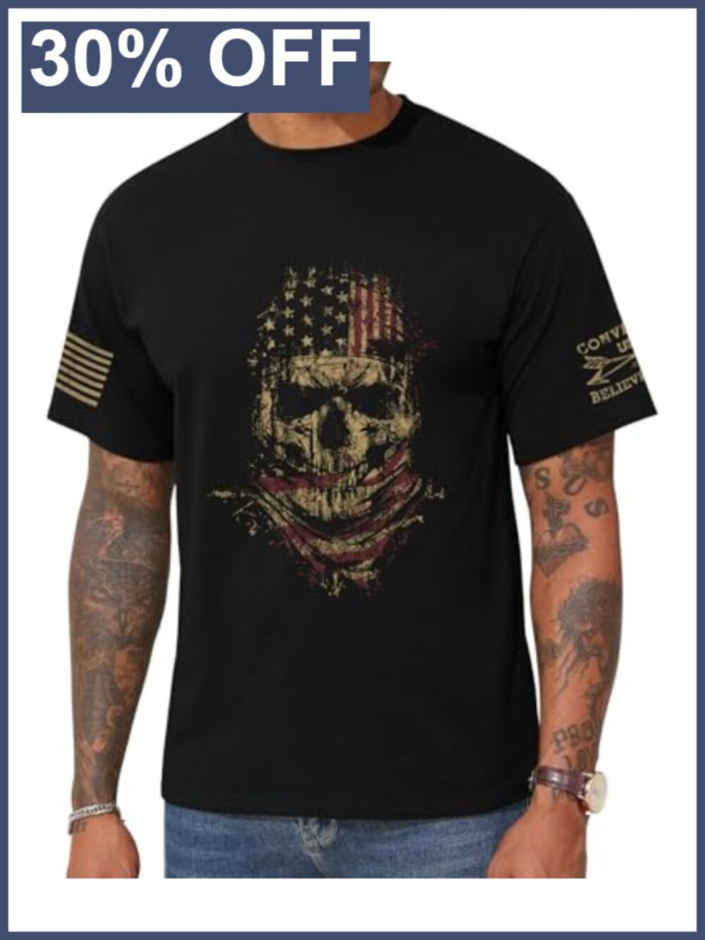 Patriotic Skull American Flag Graphic Tee Short Sleeve Crew Neck Casual